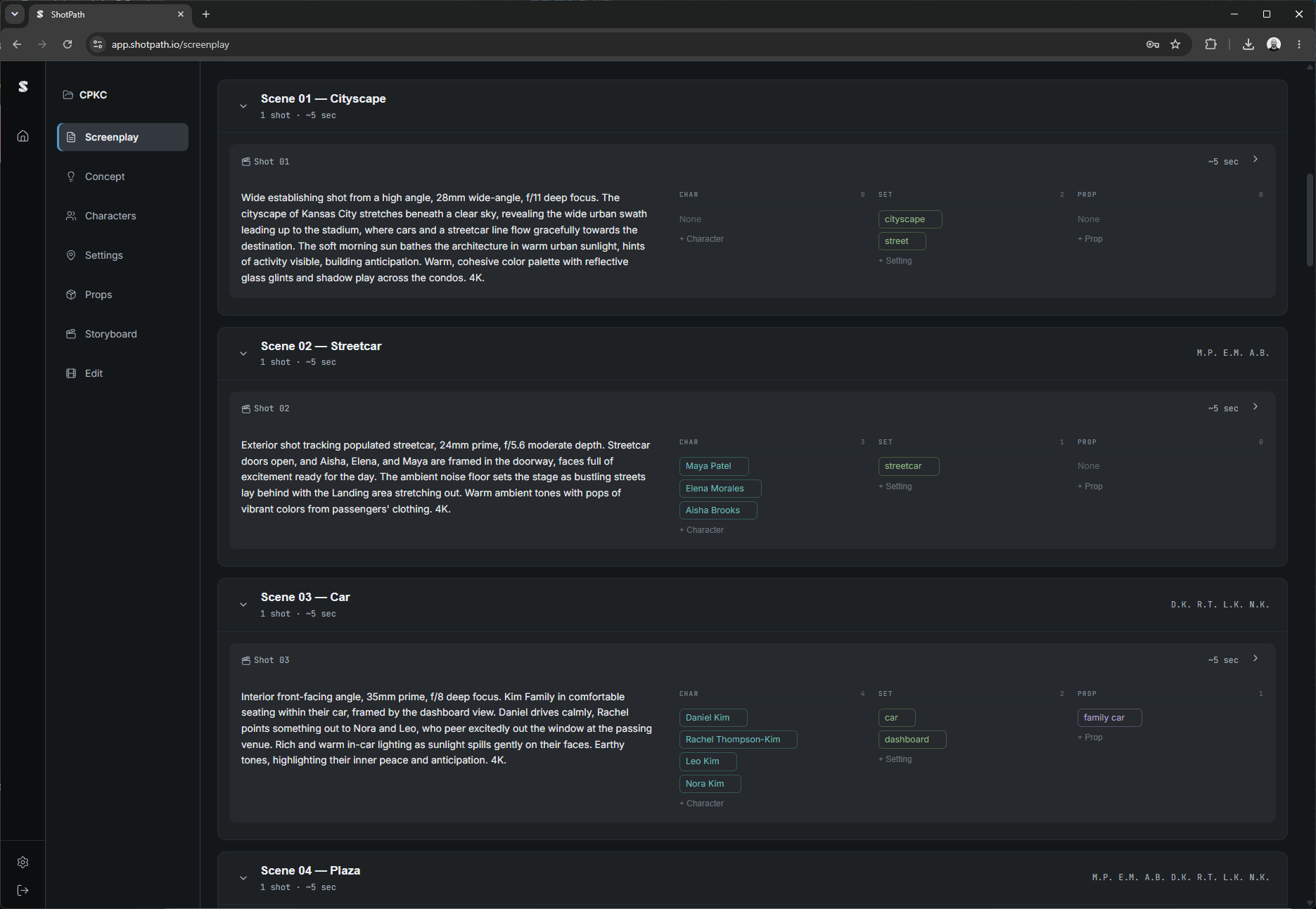 ShotPath screenplay editor showing shot-by-shot breakdown