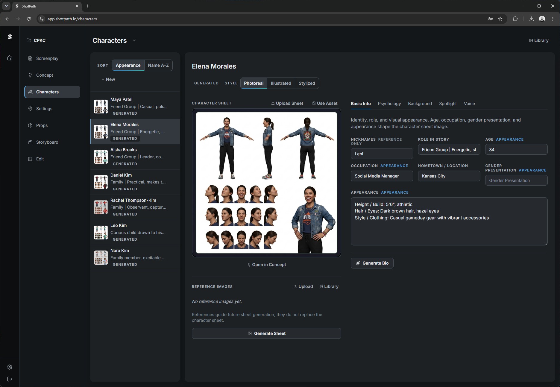 ShotPath character management with AI-generated character sheets