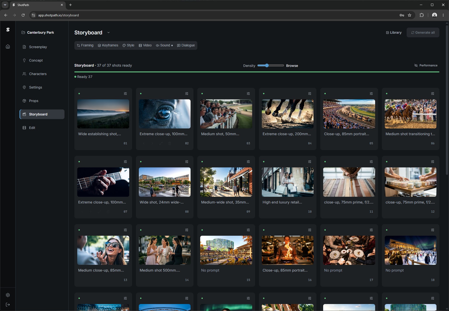 ShotPath storyboard view with AI-generated frames